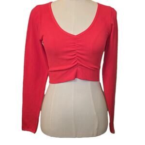 NWT L Women's Cropped Long Sleeve Ribbed Athletic Top Neon Pink MSRP $18